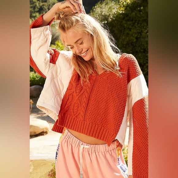 POL Quilted Waffle Cable Knit Patchwork High-low Top Long Sleeve Crop Sweater - Picture 6 of 15